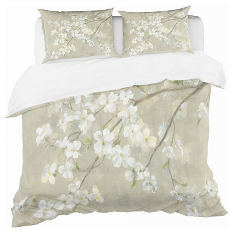 Dogwood in Spring Neutral Duvet Cover Set, Full/Queen