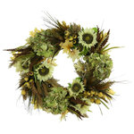 Creative Displays - 26" Fall Wreath with Hydrangeas, Sunflowers and Wheat - Introducing this stunning, 26" fall wreath made of durable, high-quality materials! This handcrafted beauty is full of color, texture, and charm, making it the perfect addition to your home or office. Filled with green hydrangea, white sunflowers, fall leaves, pampas grass, yellow berries, wheat, and heather with a feather bunch, this wreath brings the gorgeous vibrancy of fall to you! This fall wreath needs no watering or maintenance and looks perfect without a hassle, perfect for busy bees who want to make their space inviting with little effort. Add the warmth of the season to your home with this 26" fall wreath!