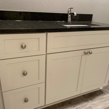 BATHROOM - New Tub, 12x24 Dark Tile, Gray Plank Floor Tile, Tebas Black Granite