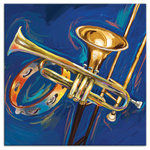 DDCG - Trumpet Trombone and Tambourine Painting 16x16 Print on Canvas - This canvas features a colorfully painted trumpet, trombone and tambourine to help you match your personal style in your interior decor.  The result is a stunning piece of wall art you will love. Made to order.