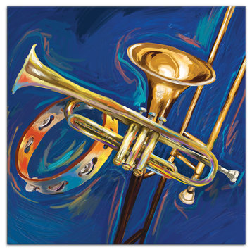 Trumpet Trombone and Tambourine Painting 16x16 Print on Canvas