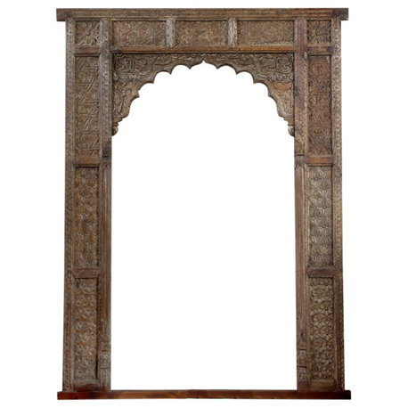 Consigned Antique Indian Arch Carved Old World Architectural Mirror Frame
