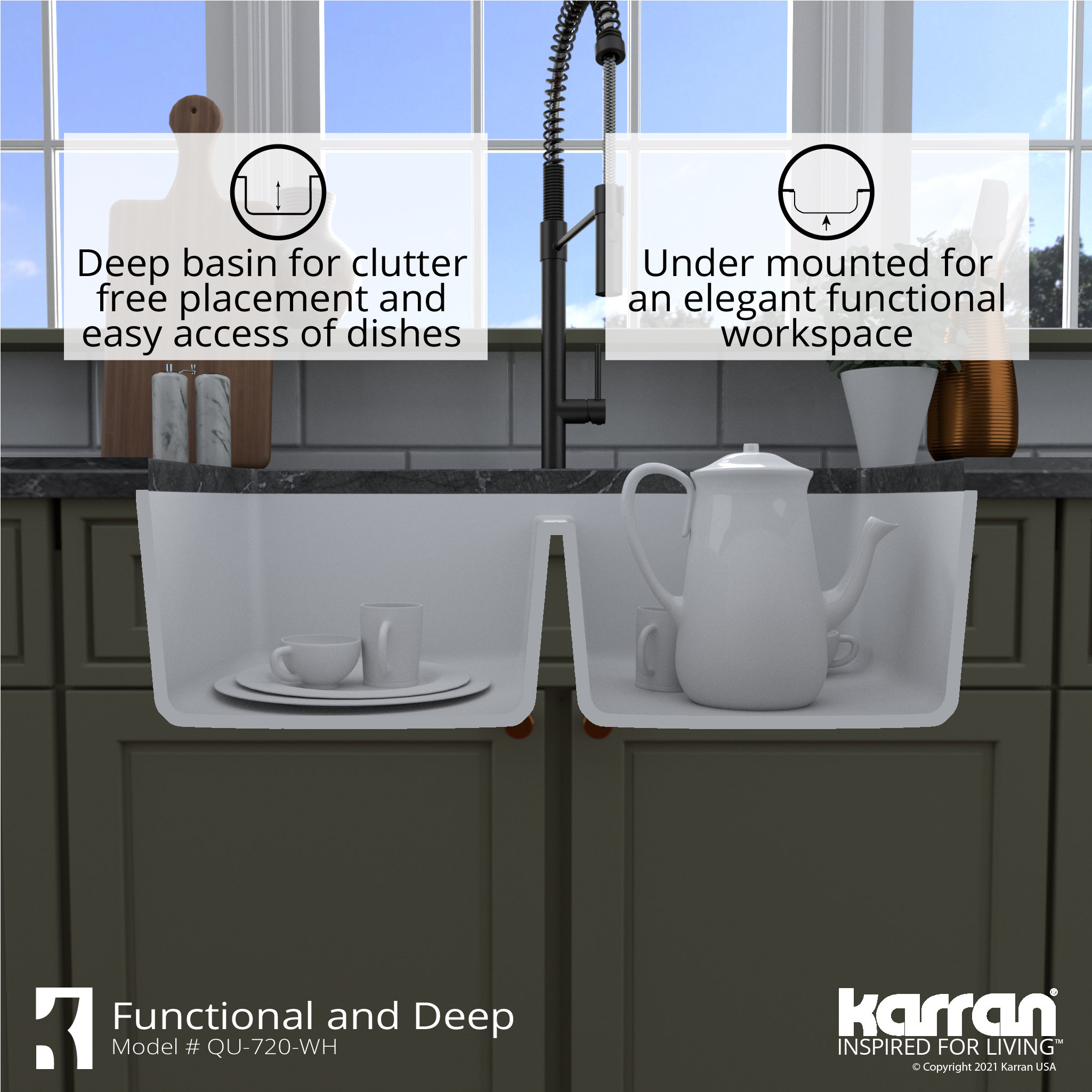 Karran Undermount Quartz 33" 50/50 Double Bowl Kitchen Sink Kit, White