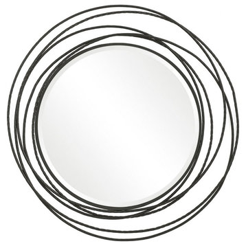 Modern Round Wall Decor Mirror in Satin Black Finish Hand-Forged Iron Coils