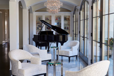 Family room - transitional open concept gray floor and vaulted ceiling family room idea in Philadelphia with a music area, beige walls, no fireplace and no tv
