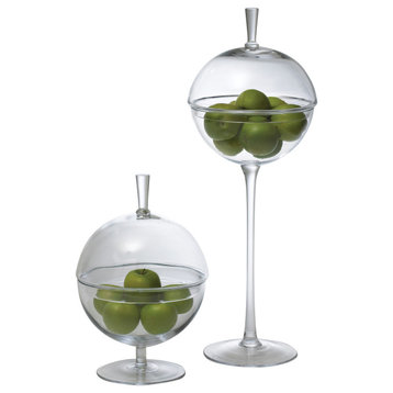 Clear Sphere Art Glass Covered Jar Bowl Lid Pedestal UFO Footed, 2-Piece Set