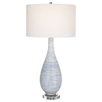 Blue White Drip Glaze Bottle Shape Table Lamp 31 in Tall Fluted Soft Elegant