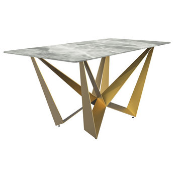 LeisureMod Nuvor Dining Table With a 55" Rectangular Top and Gold Steel Base, Light Gray