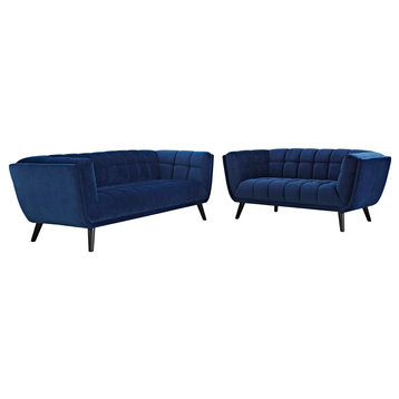 Modern Loveseat and Sofa Set, Velvet Navy Blue