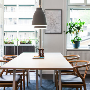 Offenes, Mittelgroßes Nordisches Esszimmer ohne Kamin mit weißer Wandfarbe und gebeiztem Holzboden in Stockholm
