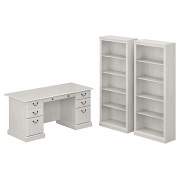 Pemberly Row Executive Desk & Bookcase Set in Linen White Oak - Engineered Wood