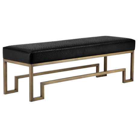 Laurence Bench, Frame, Brushed Brass; Upholstery, Faux Black Ostrich