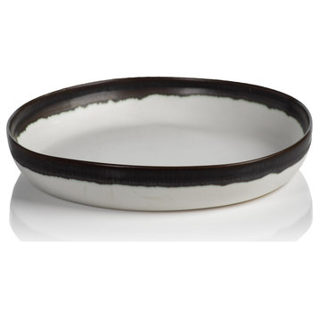 Tasso Large White Shallow Bowls with Black Rim, Set of 2