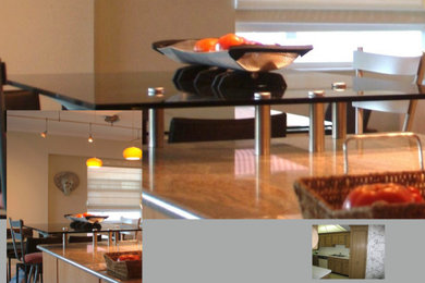 Cantilevered glass top on kitchen island