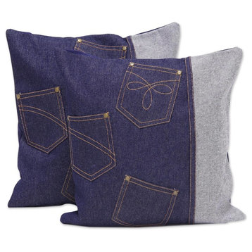 Novica Denim Pockets Denim Cushion Covers, Set of 2
