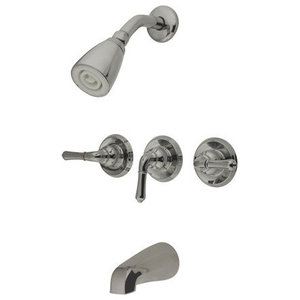 Brushed Nickel Kingston Brass KB248AL Twin Handle Tub and Shower Faucet with Decor Lever Handle