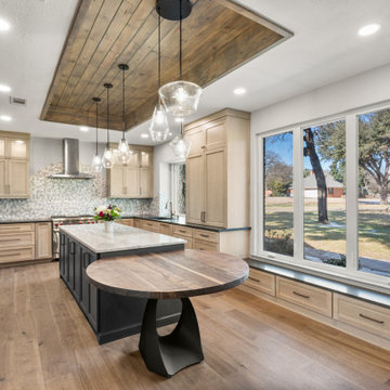 Transitional Kitchen with Charcoal Gray Pantry Wall and Natural Wood Shaker Cabi