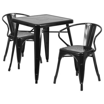 Metal Indoor-Outdoor Table Set With 2 Arm Chairs, Black, 27.75"x27.75"x29"