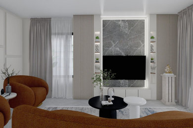 Design ideas for a large modern grey and brown open plan living room feature wall in London with white walls, light hardwood flooring, no fireplace, a wall mounted tv, grey floors, a drop ceiling and panelled walls.