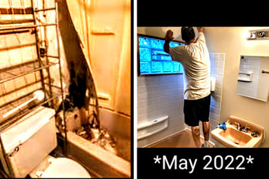 ミルウォーキーにあるトラディショナルスタイルのおしゃれなマスターバスルーム (シャワー付き浴槽	、シャワーカーテン、フローティング洗面台) の写真