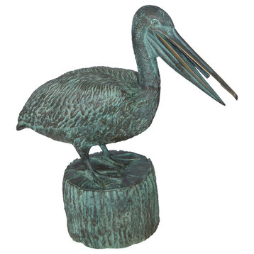 Pelican on a Tree Stump fountain bronze statue -  Size: 30"L x 16"W x 30"H.