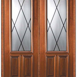 Prehung Double Door 96 Wood Mahogany Sandringham 2/3 Lite Glass - Front Doors