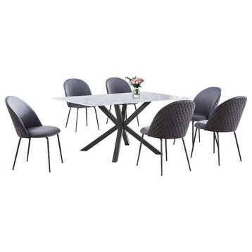 7pc White Marble Wrapped Dining Table with Tempered Glass and Gray Chairs