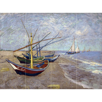 Tile Mural, Fishing Boats On the Beach Ceramic Glossy