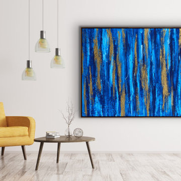 60x48 Inches Blue Gold Abstract Contemporary Painting Large Canvas Wall Art