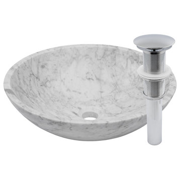 Novatto Carrara White Marble Vessel Sink and Drain, Chrome