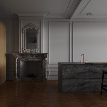 Minimal appearance of the kitchen area with original marble fireplace