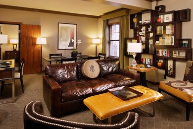 Inspiration for a mid-sized contemporary formal and open concept carpeted living room remodel in Portland with beige walls and no fireplace