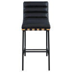 Meridian Furniture - Burke Upholstered Bar Stool, Black, Vegan Leather, White Oak Veneer Metal Dowel - Kick back and relax with a drink in your hand with this Burke black vegan leather counter stool. Featuring soft black vegan leather upholstery and black vegan leather straps, this counter stool is cozy and stylish. Its matte black metal frame provides sturdy support so you can enjoy this stool for years to come. A white oak veneer metal dowel is tucked firmly in place beneath the front of the stool, providing extra support and added style.