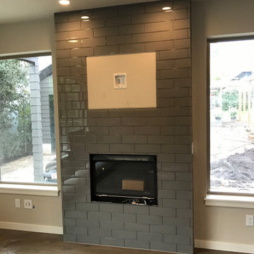 Subway tile fireplace surround