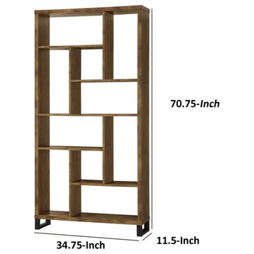 Metal And Wood Modern Style Bookcase With Multiple Shelves, Brown