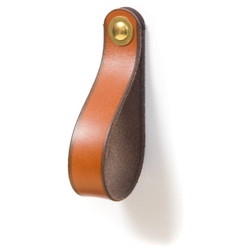 Leather Drawer Pull, The Hawthorne, Honey, Large, Brass