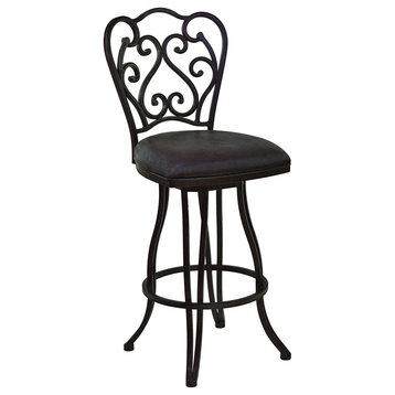 Transitional Counter Stool, Swivel Espresso Fabric Seat With Unique Ornate Back