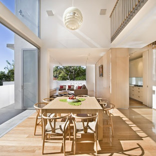 シドニーの広いコンテンポラリースタイルのLDKの画像 (白い壁、淡色無垢フローリング)