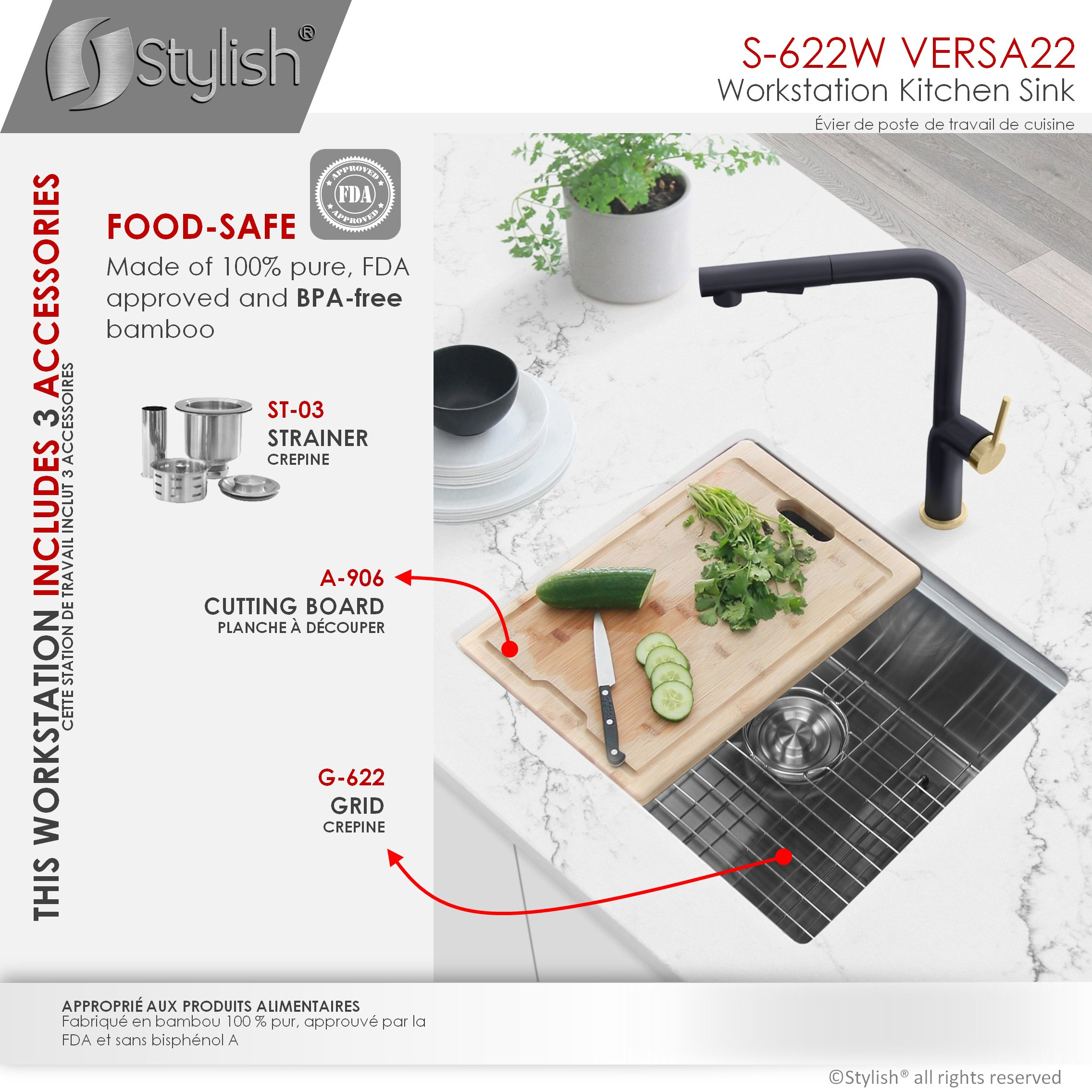STYLISH 22'' Workstation Single Bowl Undermount 16G Stainless Steel Kitchen Sink