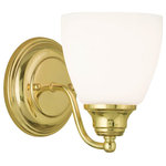 Livex Lighting - Somerville Wall Sconce, Polished Brass - The hand blown satin opal white shades extend from gently curved arms reaching from the round backplate and are finished with small, orb finials at both ends to reinforce the curvaceous motif.