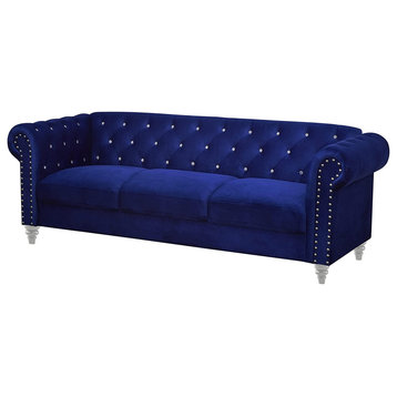 Modern Sofa, Chesterfield Design With Velvet Seat and Crystal Button Tufted Back