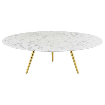 Lippa 47" Round Artificial Marble Coffee Table With Tripod Base, Gold White
