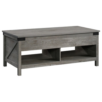 Farmhouse Coffee Table, Rectangular Lift Top and Lower Open Shelves, Mystic Oak