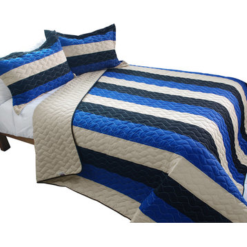 Sea Waves 3PC Vermicelli-Quilted Patchwork Quilt Set (Full/Queen Size)