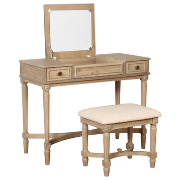 Classic Vanity Set, Matching Padded Stool & Table With Flip Up Mirror, Gray Wash