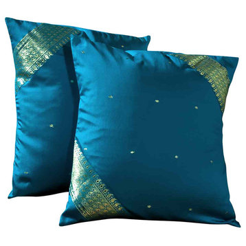 Turquoise- 2  handcrafted Sari Pillow Covers - Standard - 20 X 26 Inches