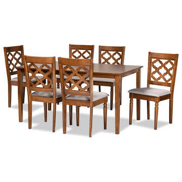 Holmes Modern Contemporary Gray Fabric and Walnut Brown Wood 7-Piece Dining Set