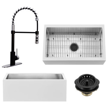 30" Single Bowl Farmhouse Solid Surface Sink and Faucet Kit, Black/Steel