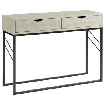 Modern Console Table, Open Metal Frame & Faux Shagreen Top With 2 Drawers, White