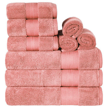 9 Piece Luxury Cotton Face Hand Bath Towel Set, Coral